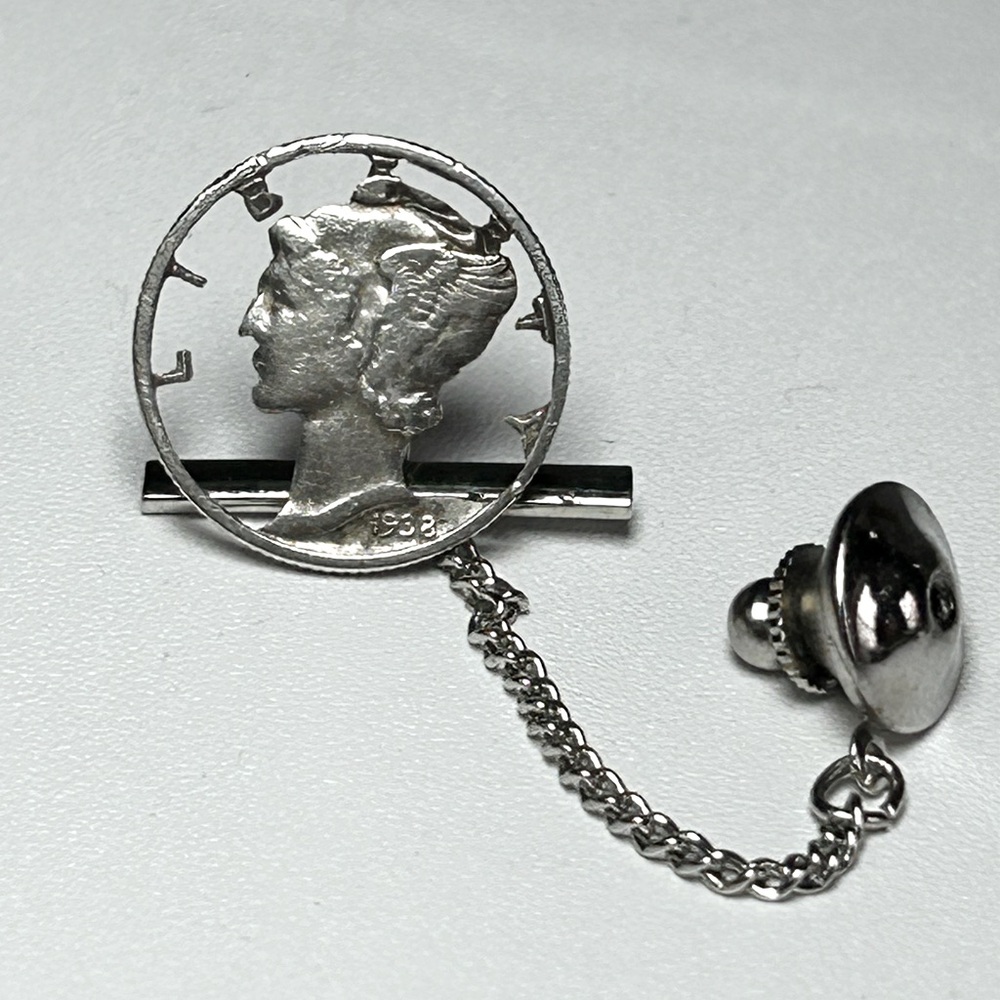 Vintage Hand-cut Tie Tack Lapel Pin Mercury Dime 1938 900 Silver Collector Coin - Picture 2 of 4